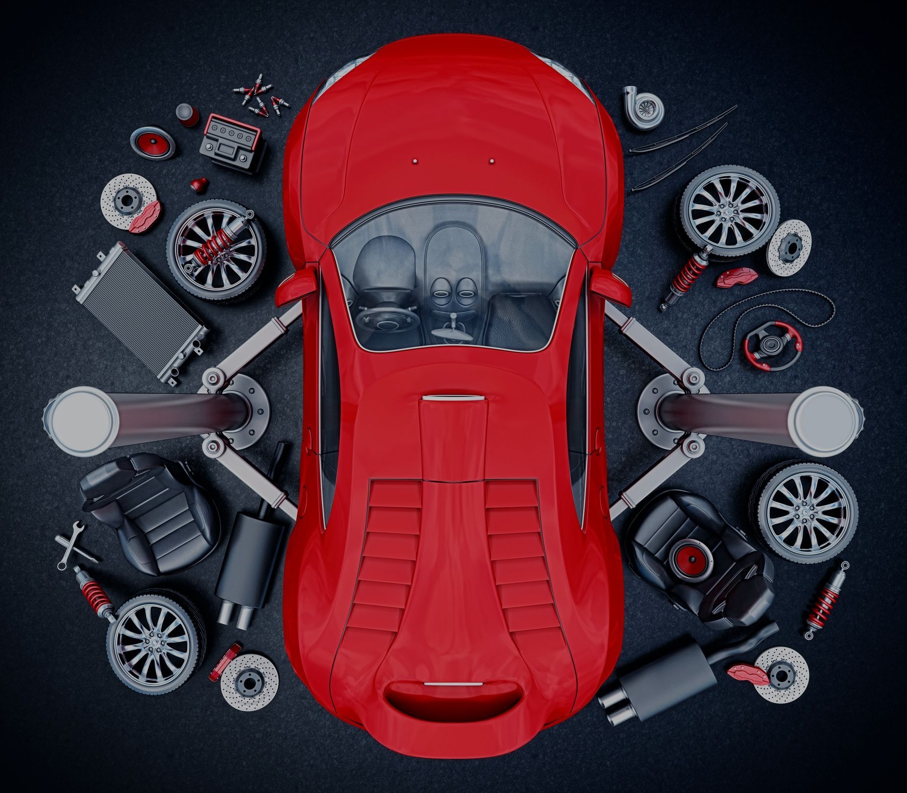 Red sports car surrounded by various car parts arranged on a black surface.