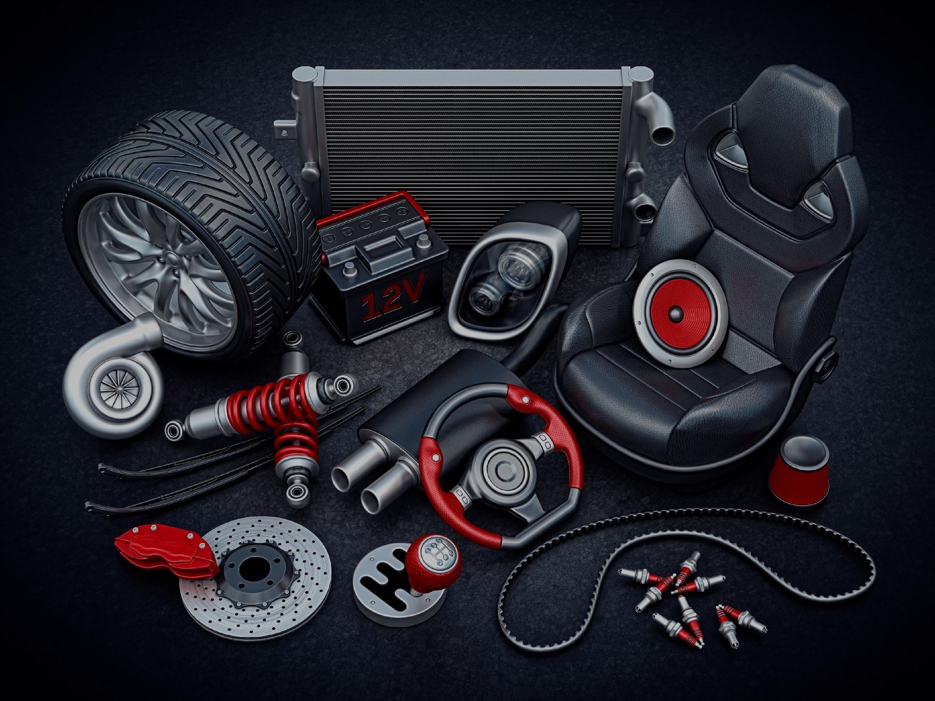Car parts: tire, turbo, shocks, brake, disc, radiator, battery, headlight, seat, exhaust, steering wheel, gearshift, belt, and spark plugs.