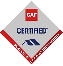 GAF Certified Residential Roofing Contractor badge. Diamond-shaped with red, gray, and white elements.