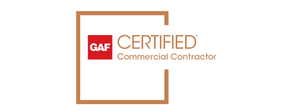 GAF Certified Commercial Contractor logo with red square, beige box.