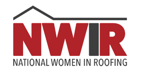 Logo for National Women in Roofing (NWIR). Red and black text with a roof outline.