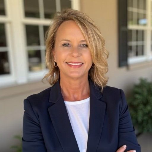 Woman with blonde hair wearing a navy blazer and white shirt, smiling, arms crossed.