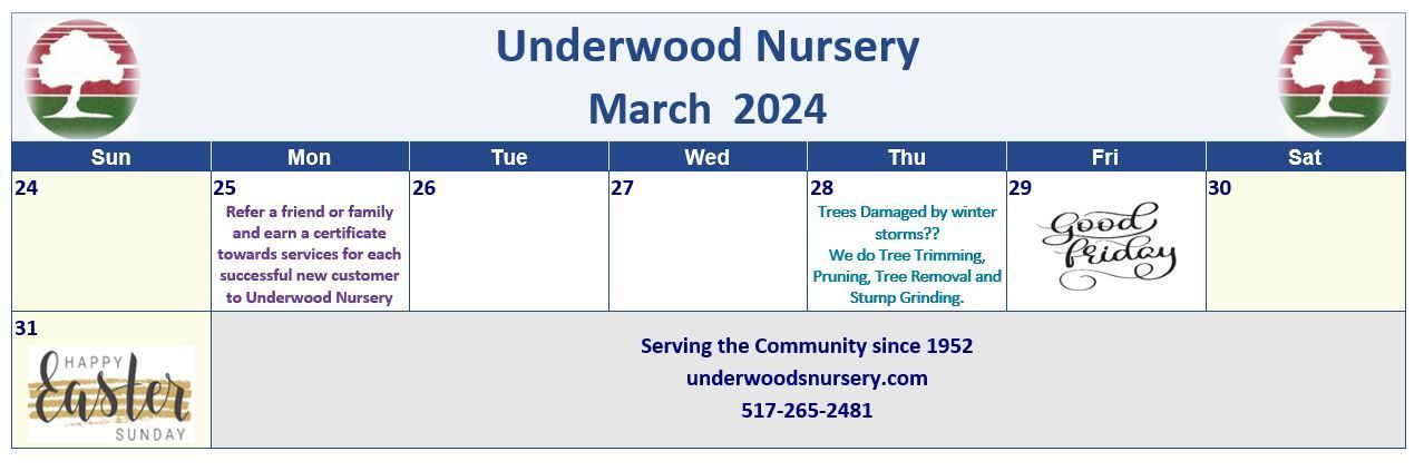 Underwood Nursery Monthly Calendar