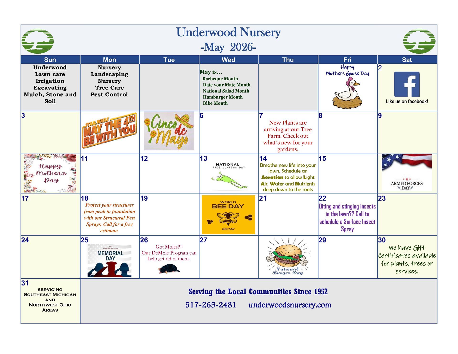 Monthly nursery calendar with colorful event boxes and holiday dates, titled “Underwood Nursery – May 2026.”