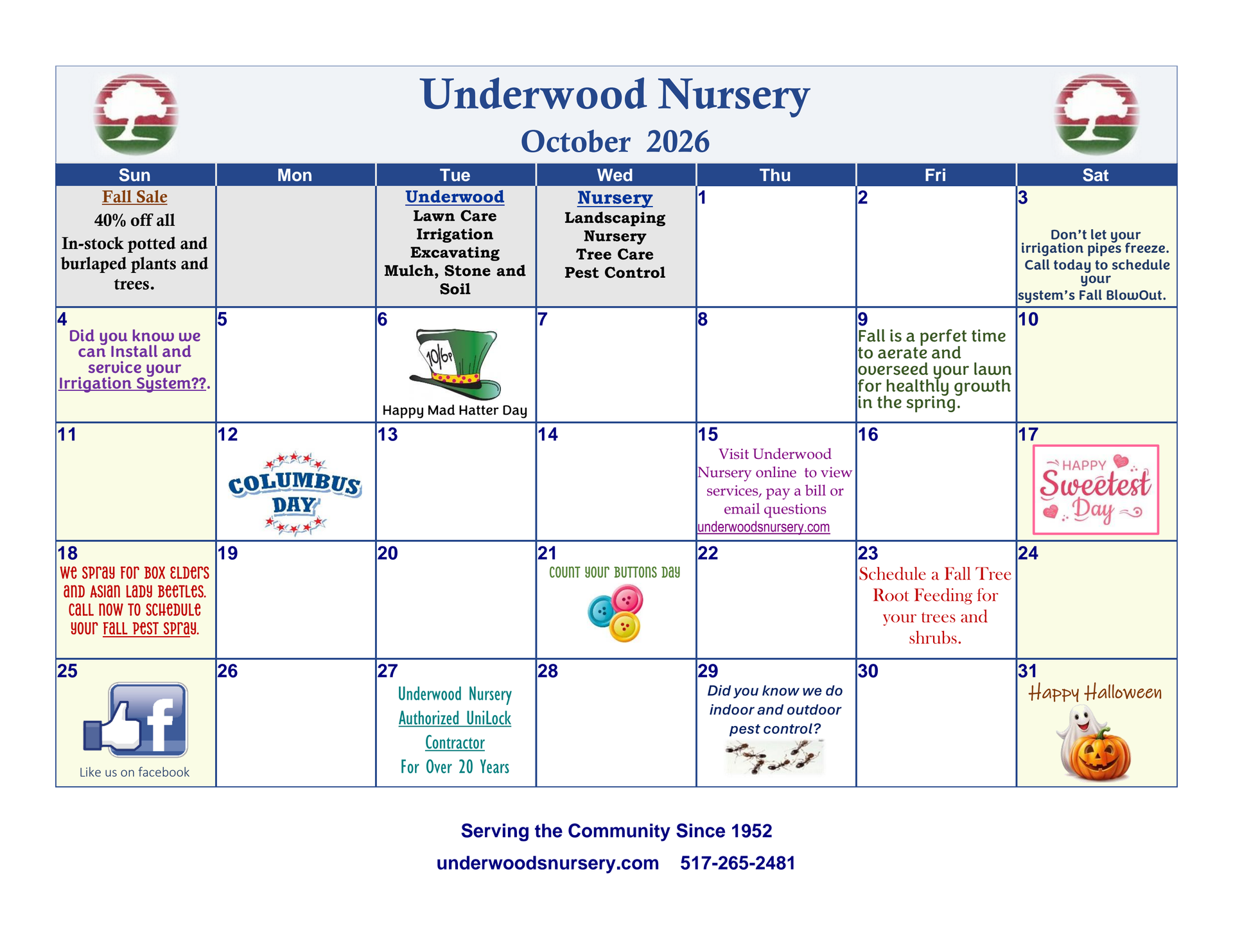 Monthly calendar for Underwood Nursery, October 2026, with events and small icons in a blue-and-white grid.