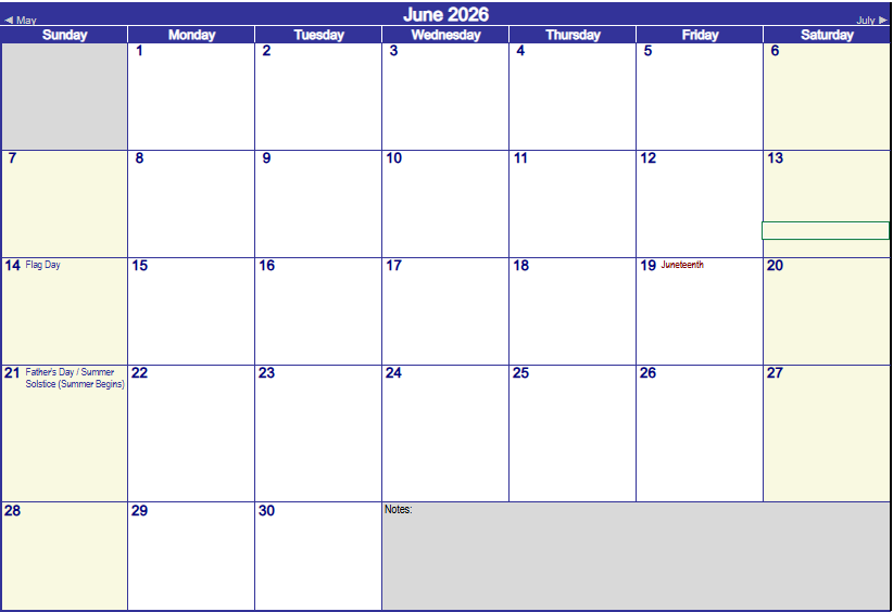 Monthly nursery calendar with colorful event boxes and holiday dates, titled “Underwood Nursery – June 2026.”