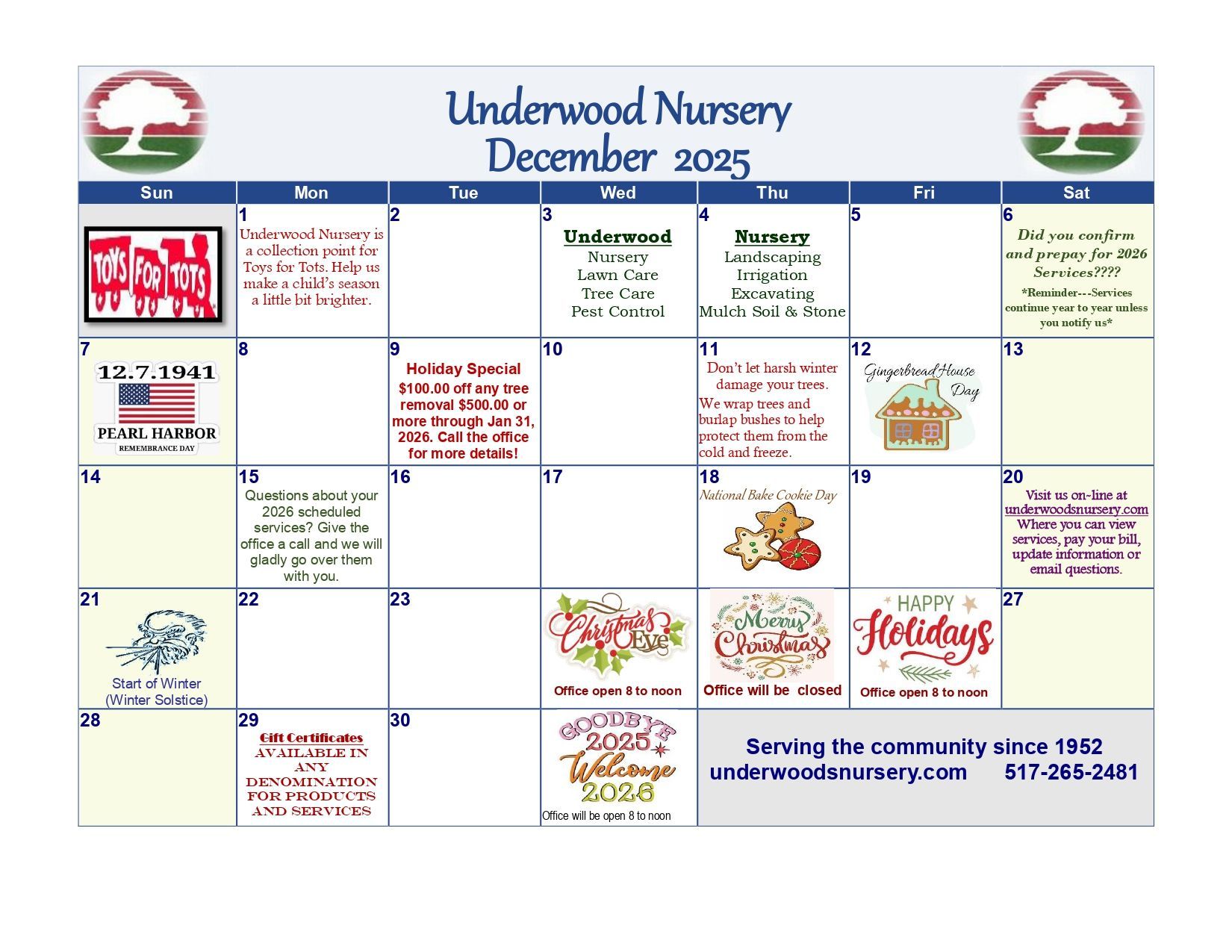 Underwood Nursery December Calendar