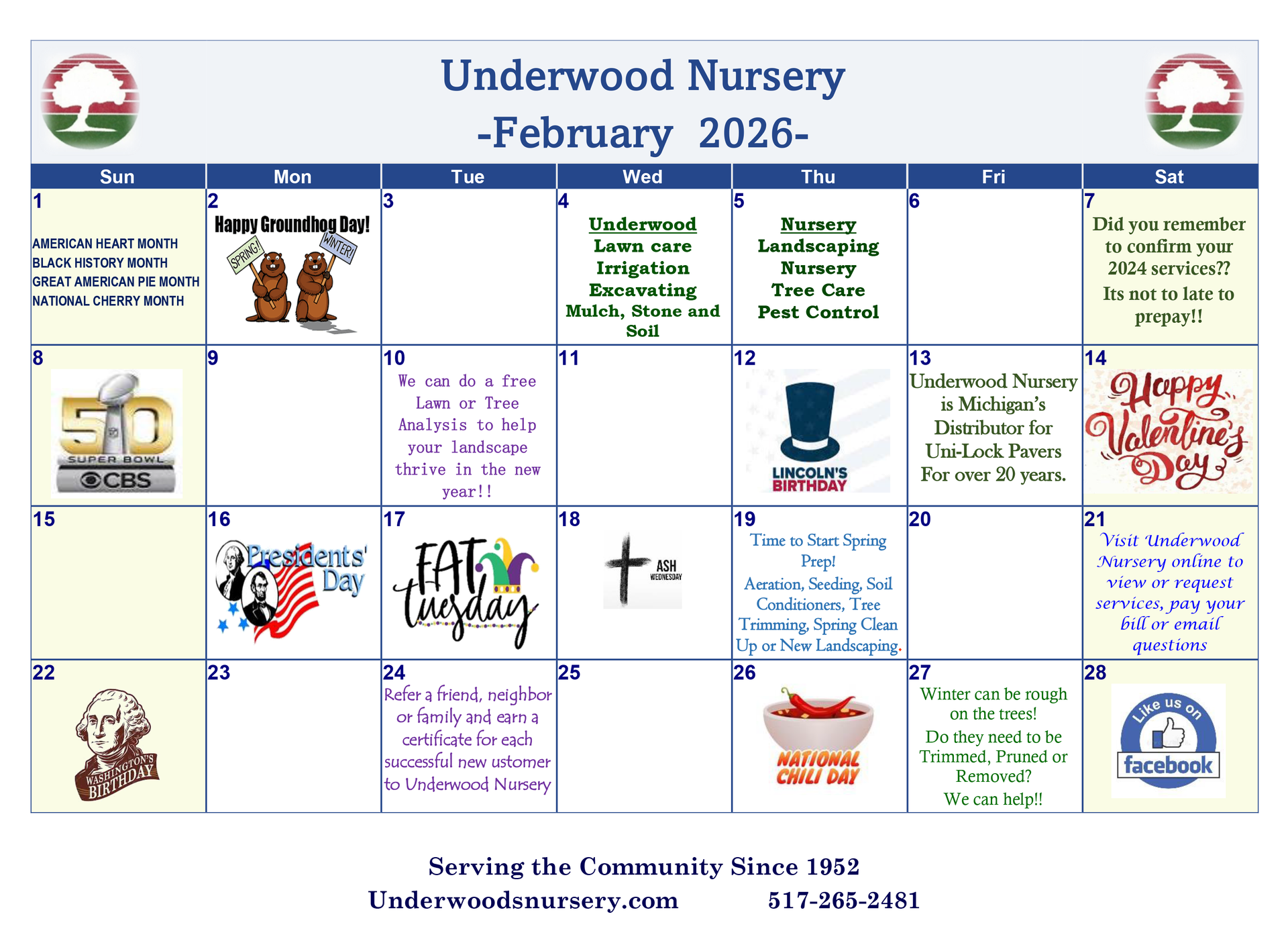 Underwood Nursery February Calendar