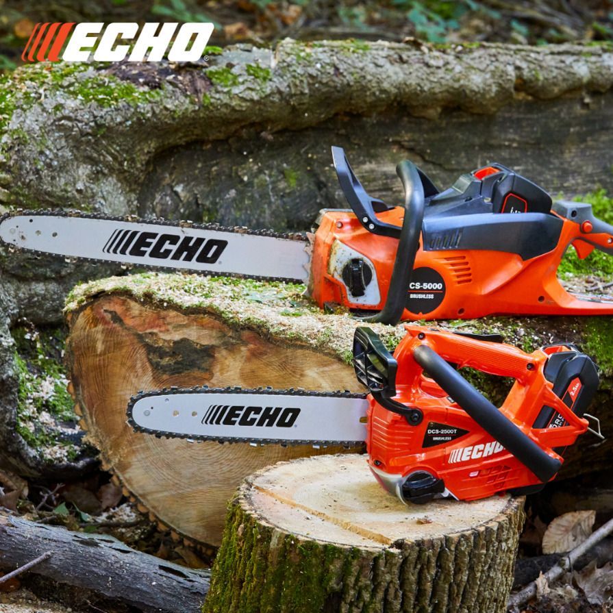 Two echo chainsaws are sitting on a tree stump