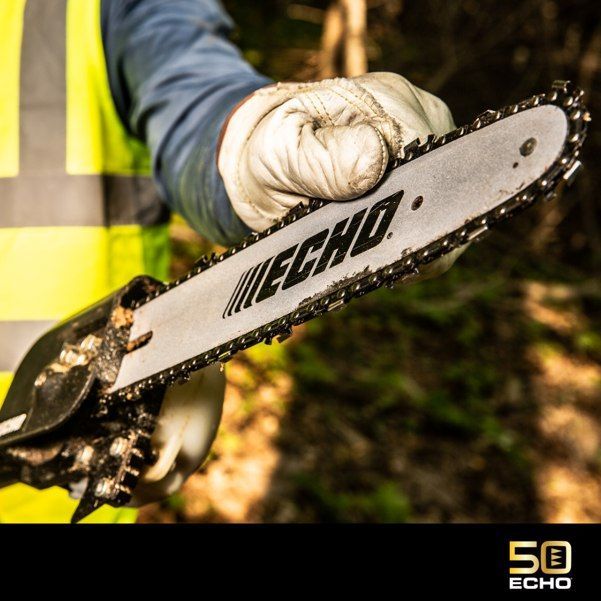 A person is holding a echo chainsaw in their hand