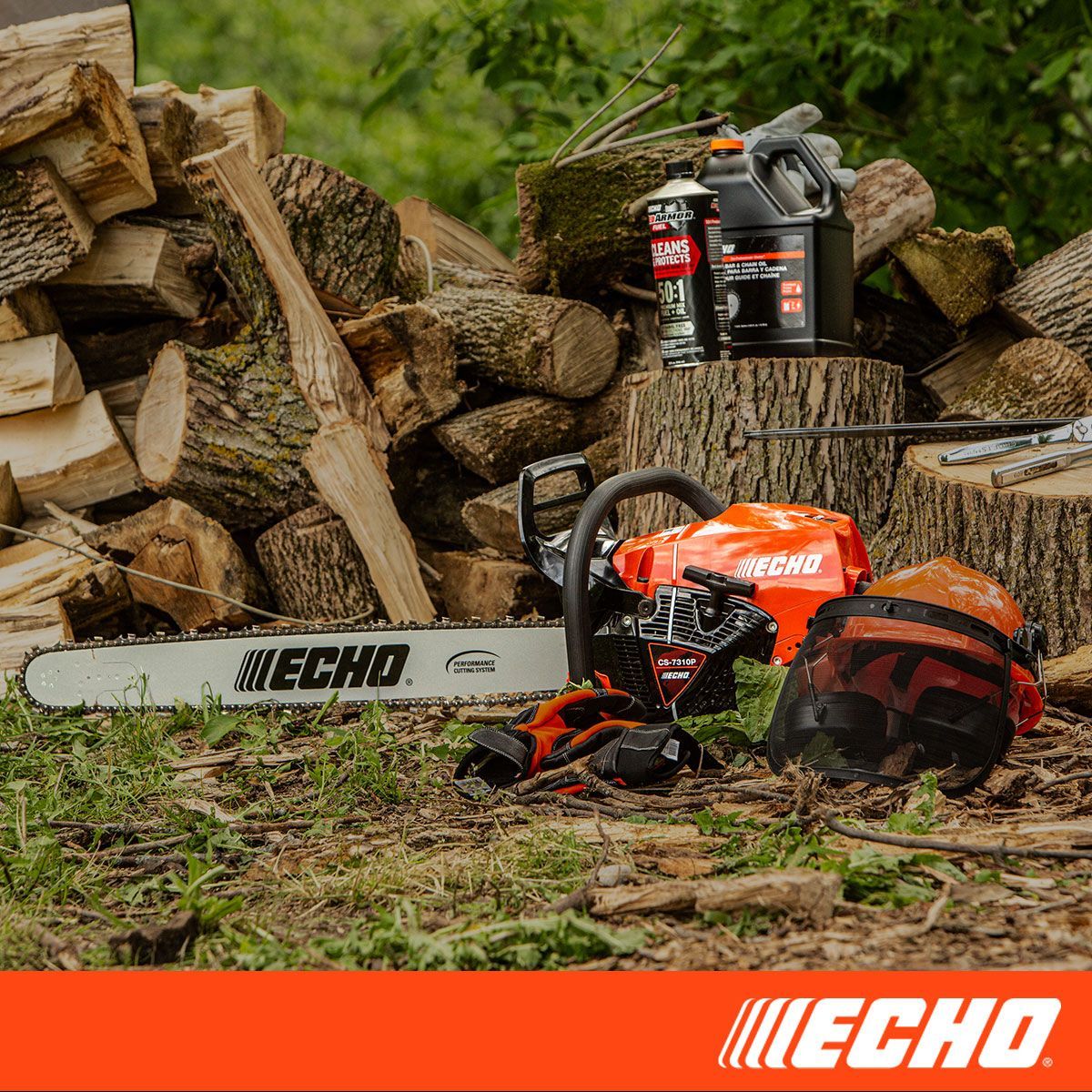 A chainsaw is sitting on top of a pile of logs.