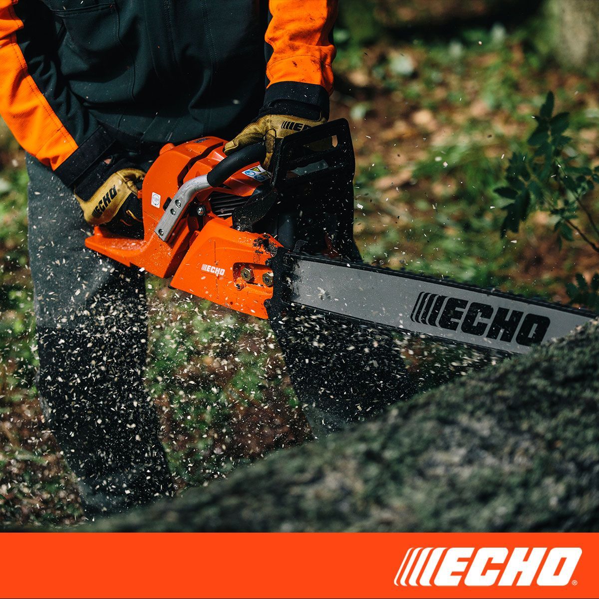 A person is using an echo chainsaw to cut a tree