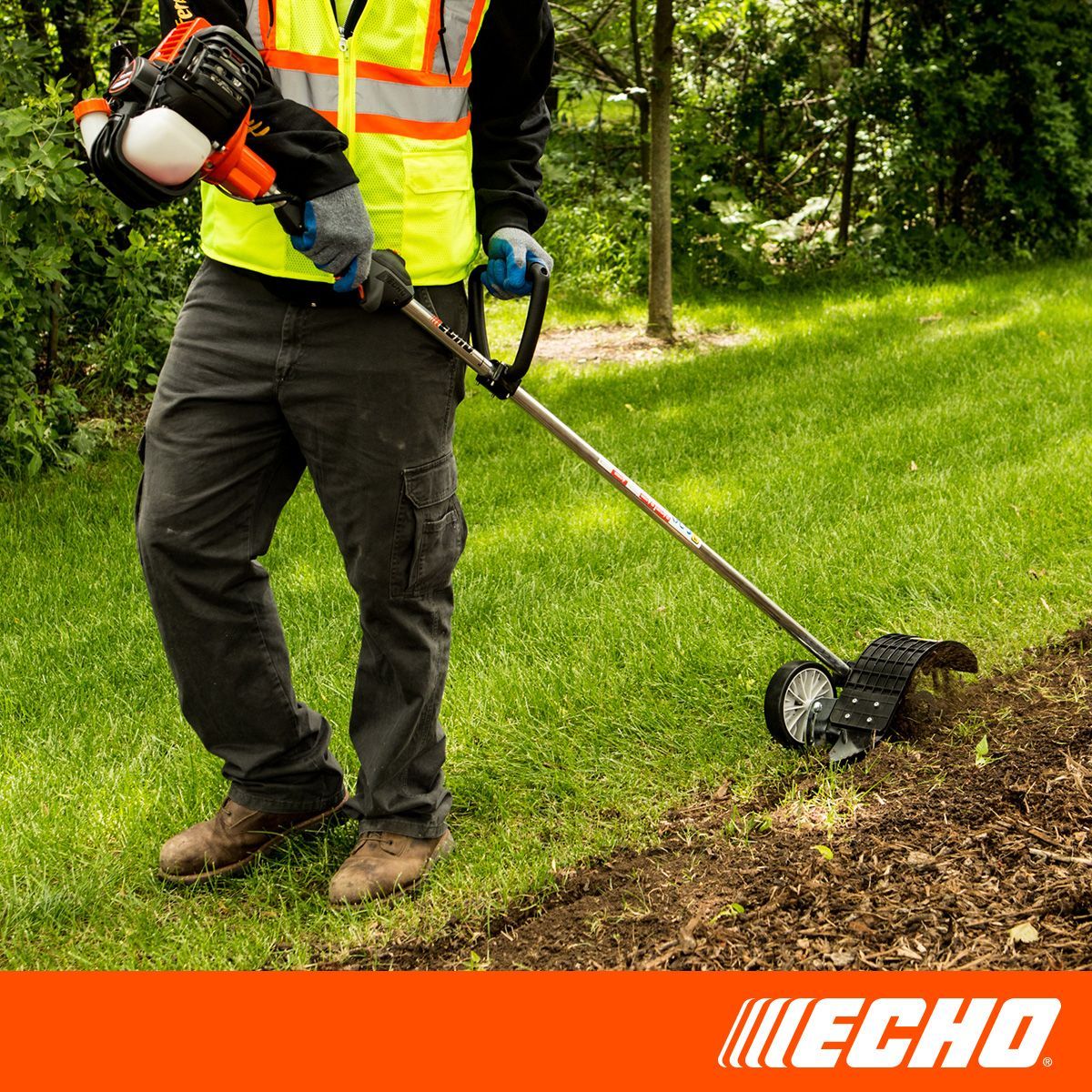 A man in a yellow vest is using a echo lawn mower