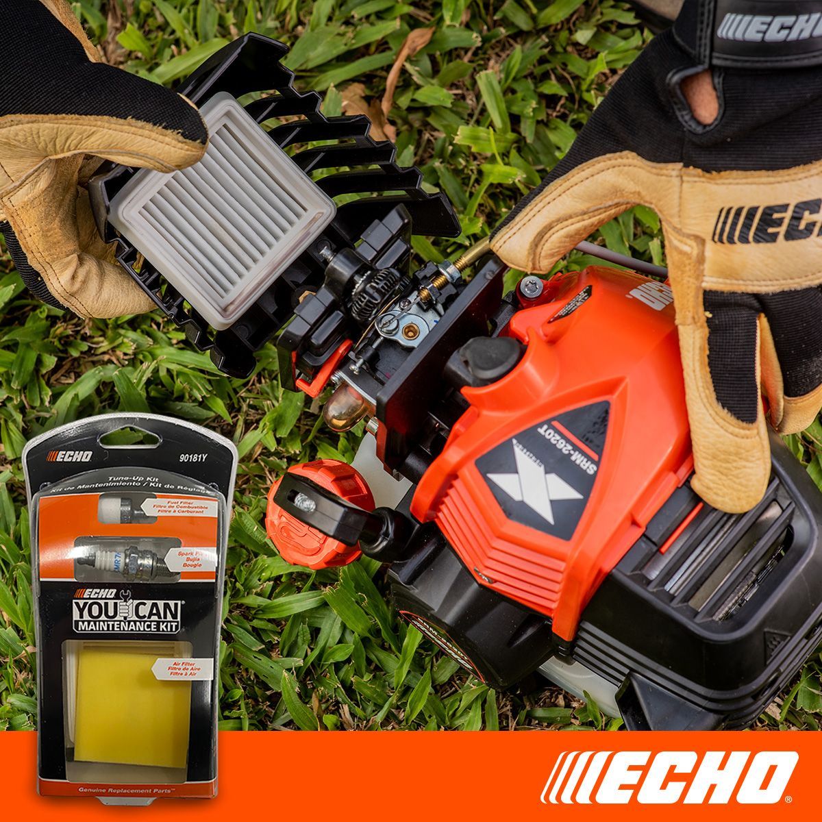 A person wearing gloves is holding a echo lawn mower