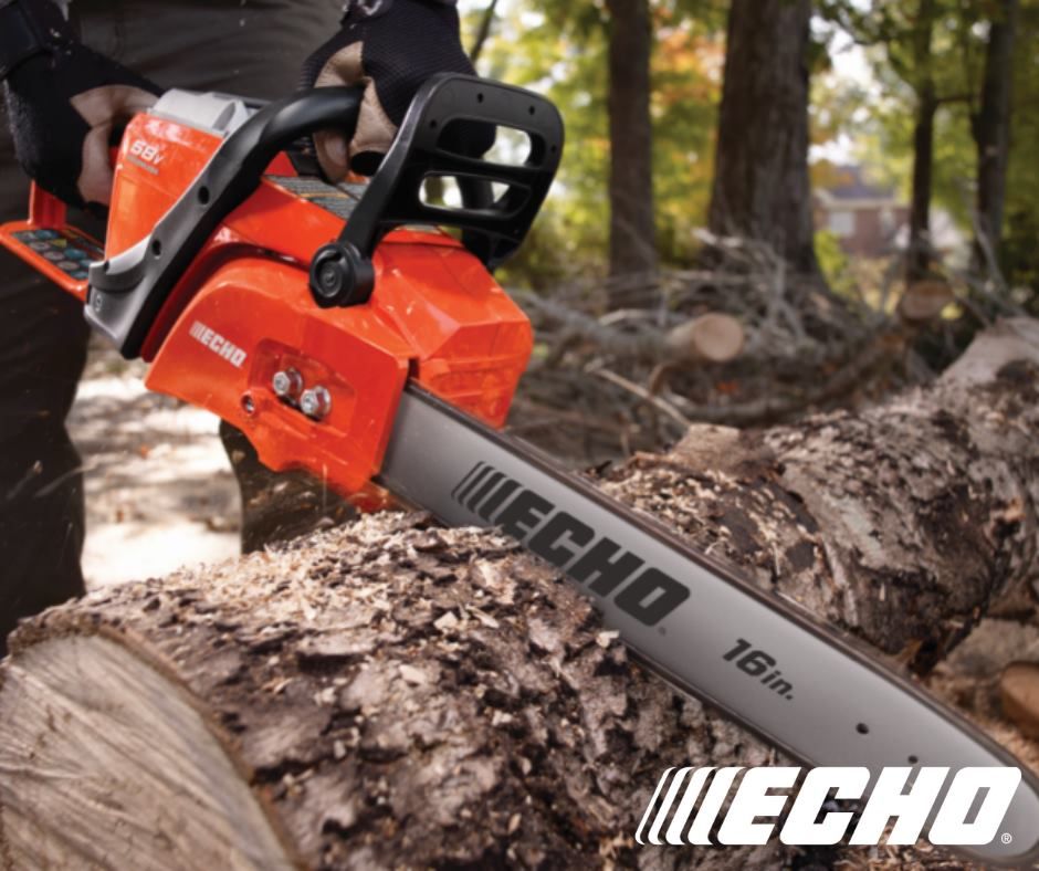 A person is using an echo chainsaw to cut a log