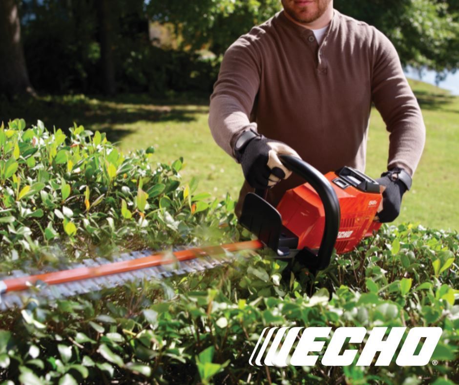 A man is cutting a hedge with an echo hedge trimmer