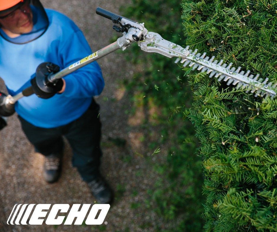 A man is cutting a tree with a echo hedge trimmer