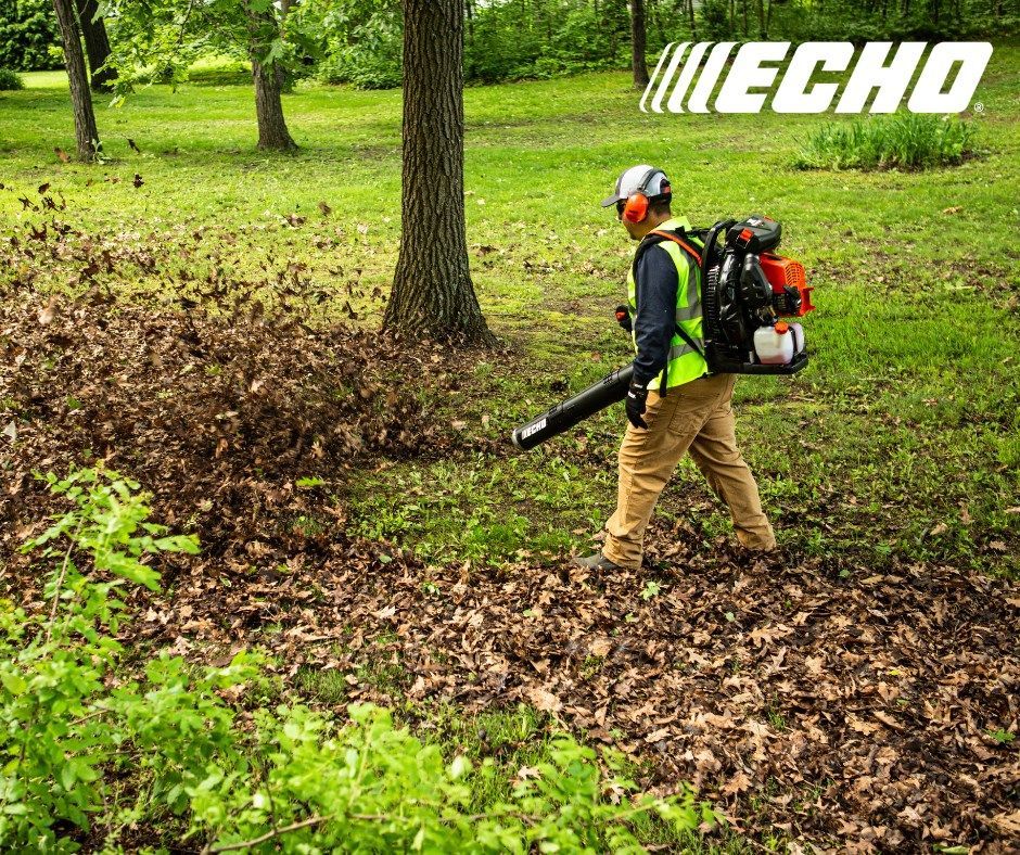 A man is using a backpack blower to blow leaves in a park.