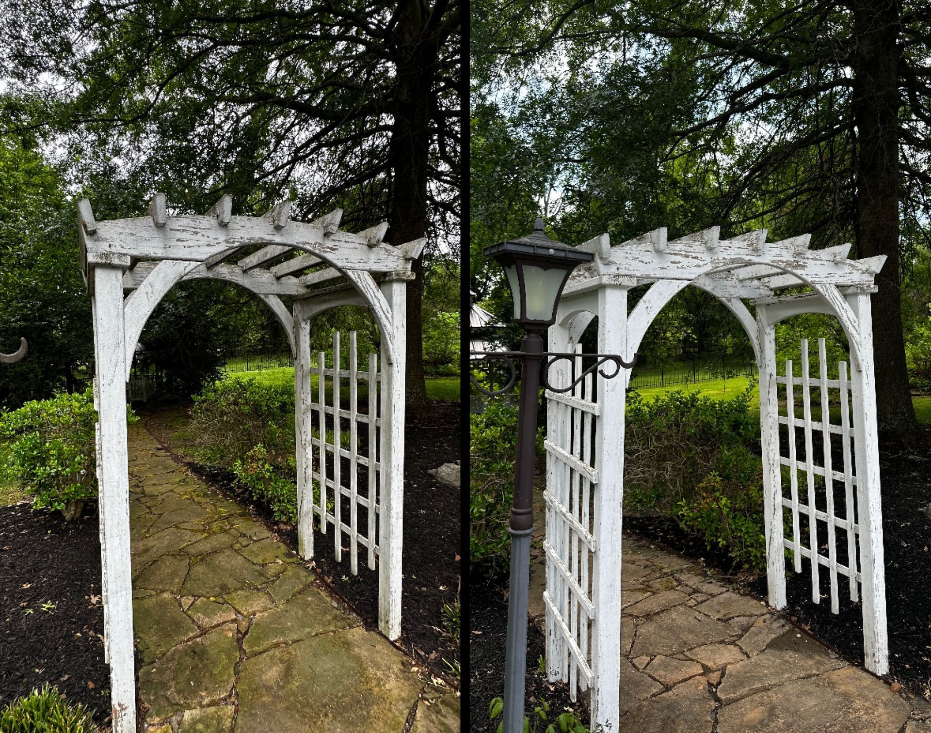 Two white wooden garden archways over a stone path, framed by greenery. One has a street lamp.