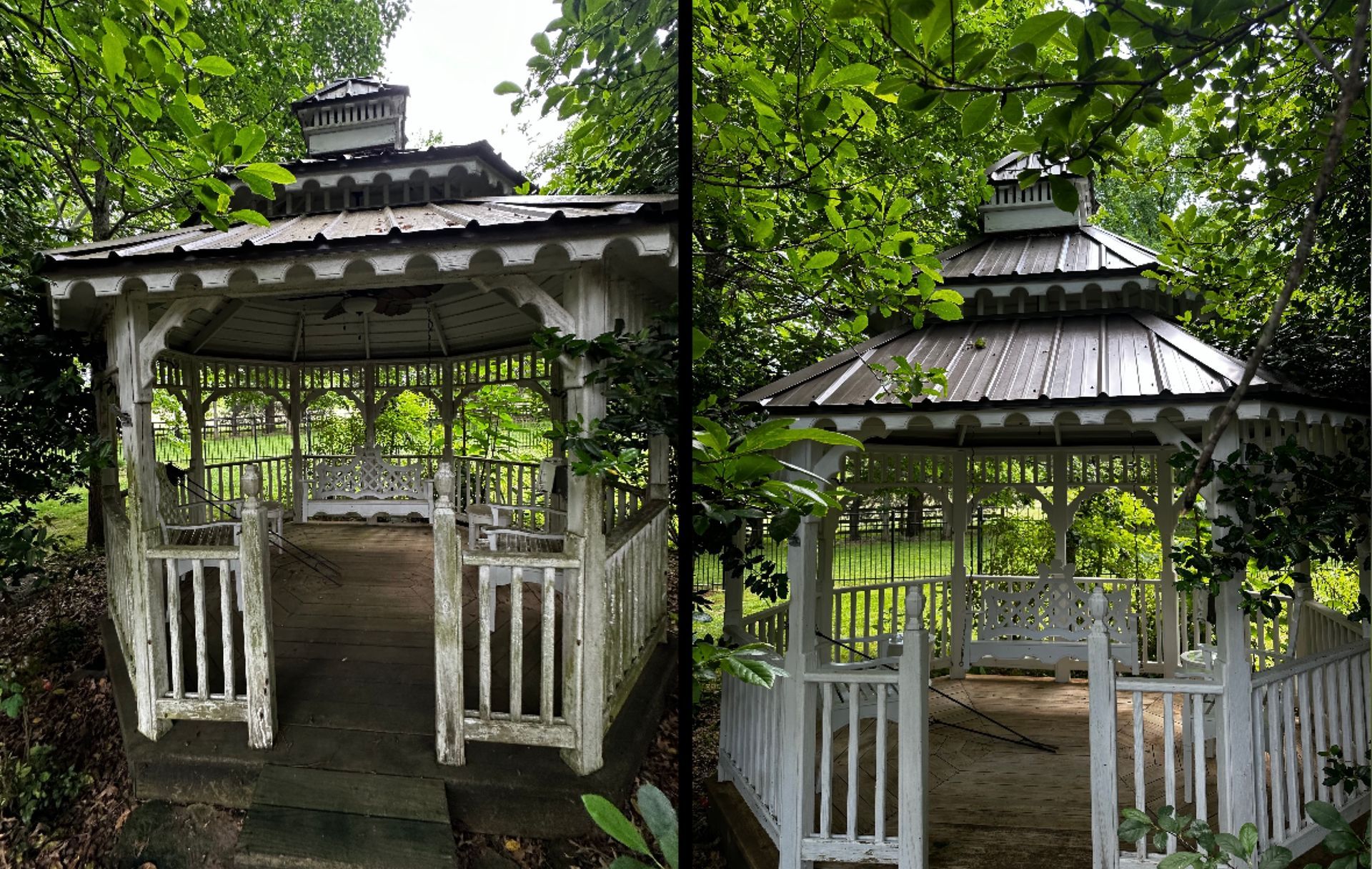 Two side-by-side images of a weathered white gazebo in a green, wooded area.