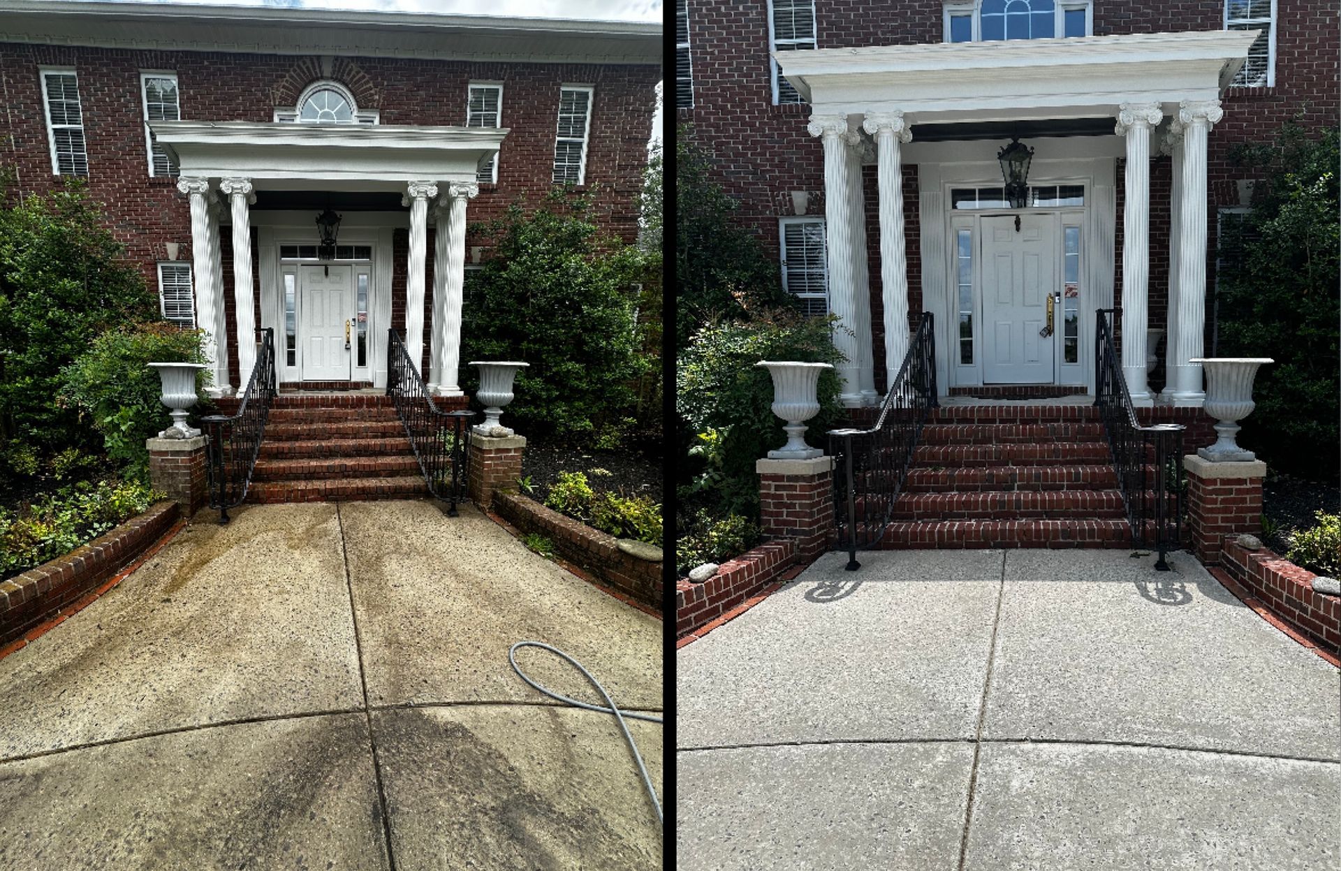 Before and after comparison of a building's entrance being power washed. 