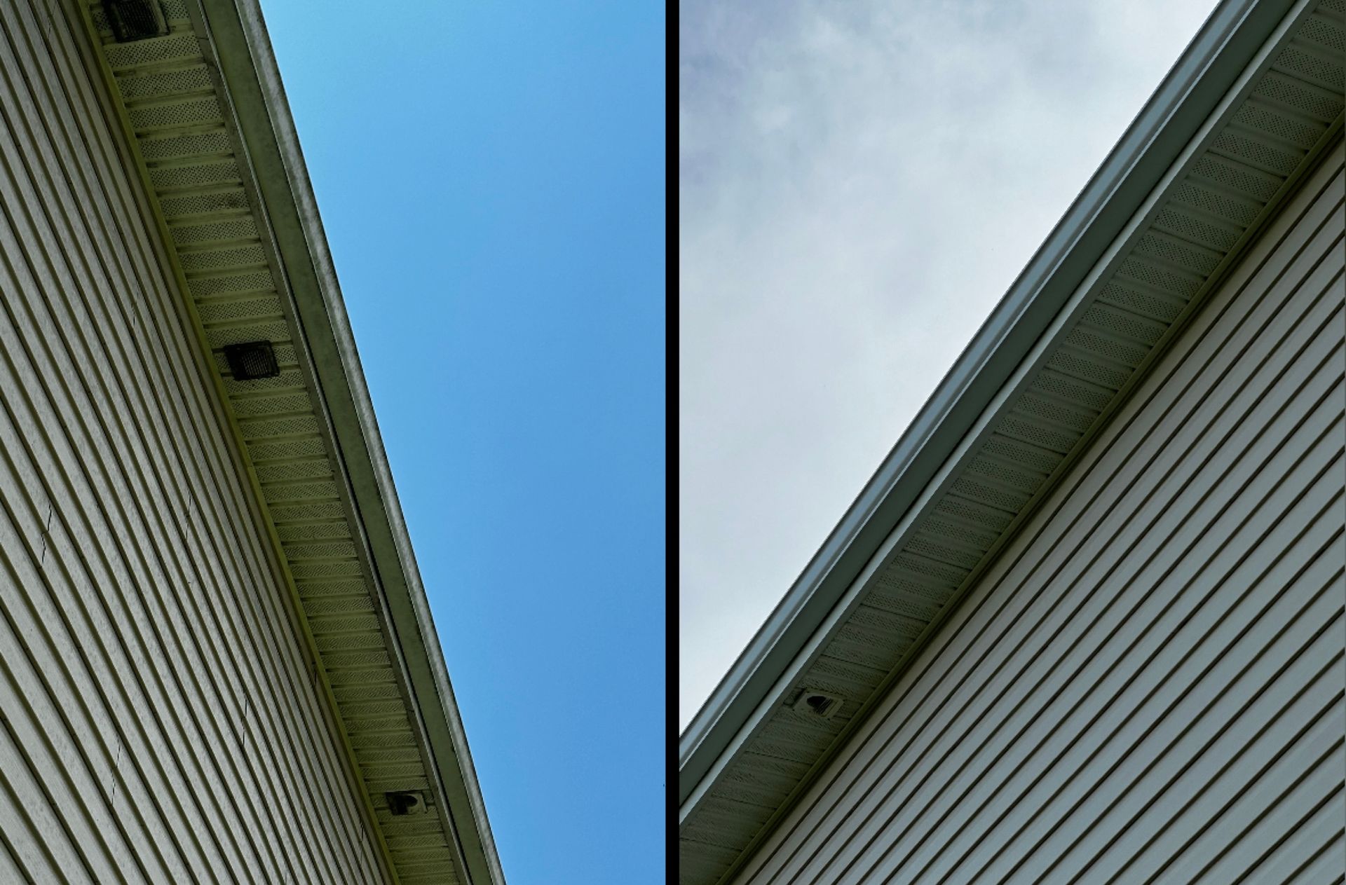 Split view: house siding and gutters before and after cleaning, against sky.