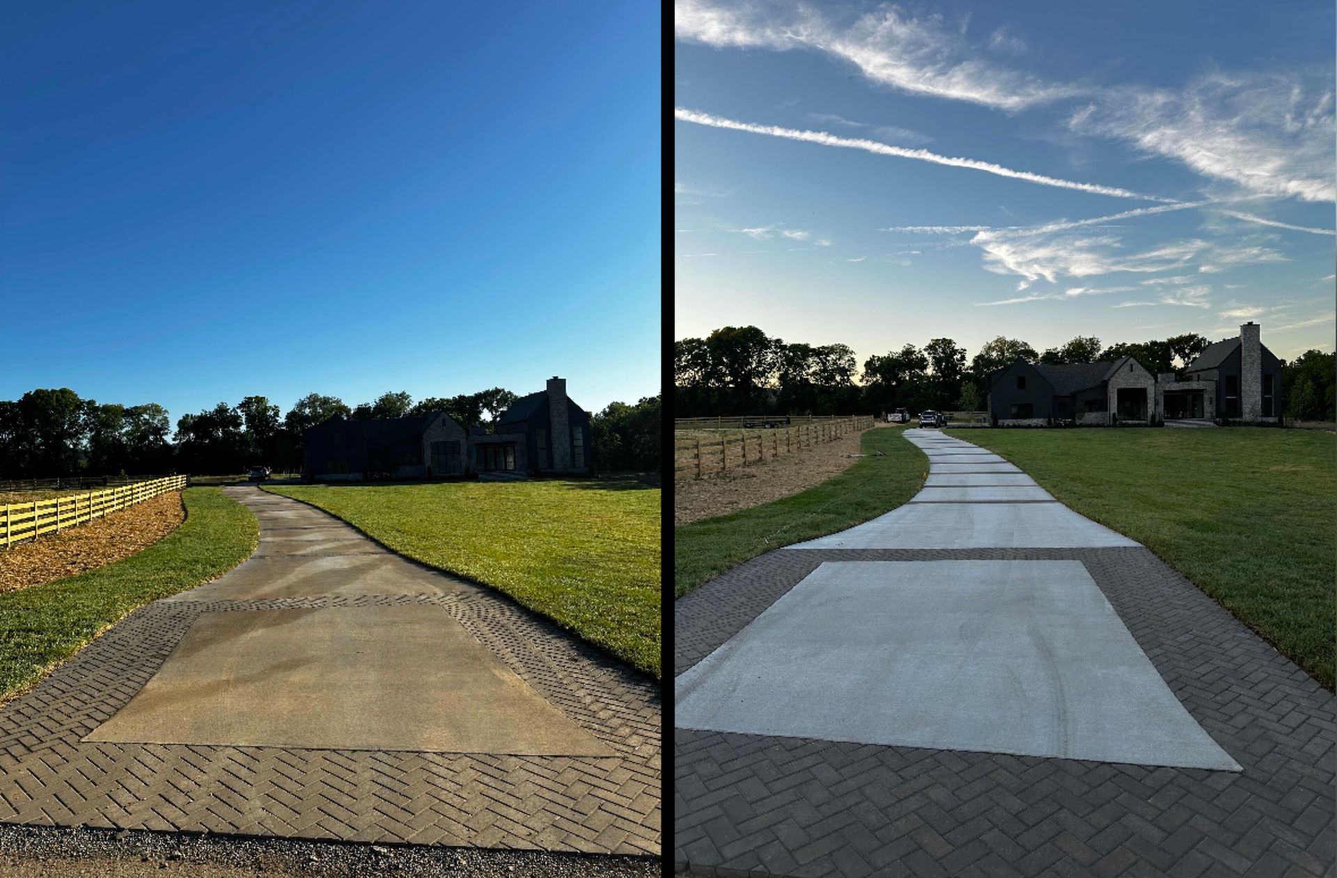Two side-by-side images of a paved driveway leading to a house, with blue skies and green grass.