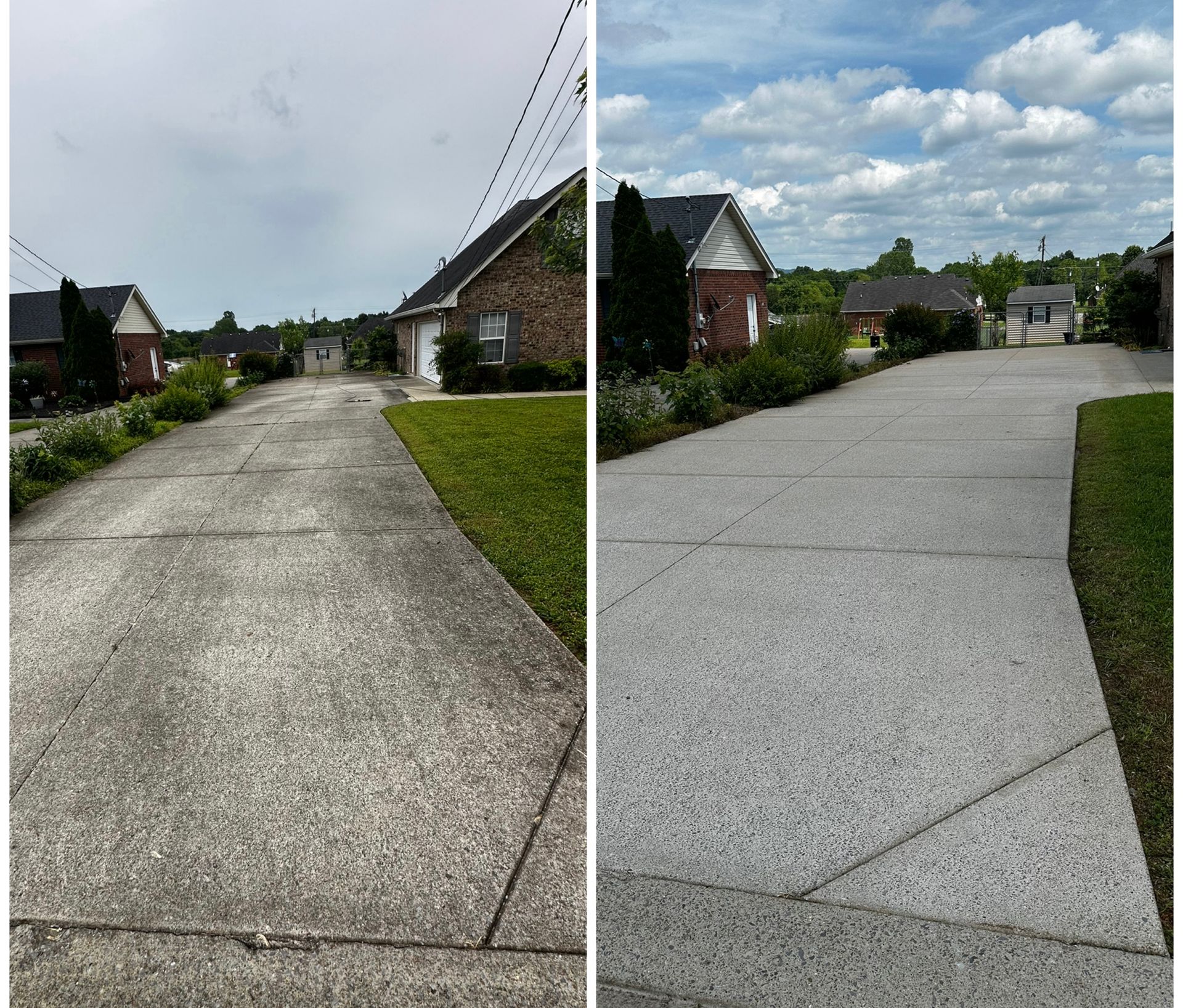 Before and after of a concrete driveway cleaning.