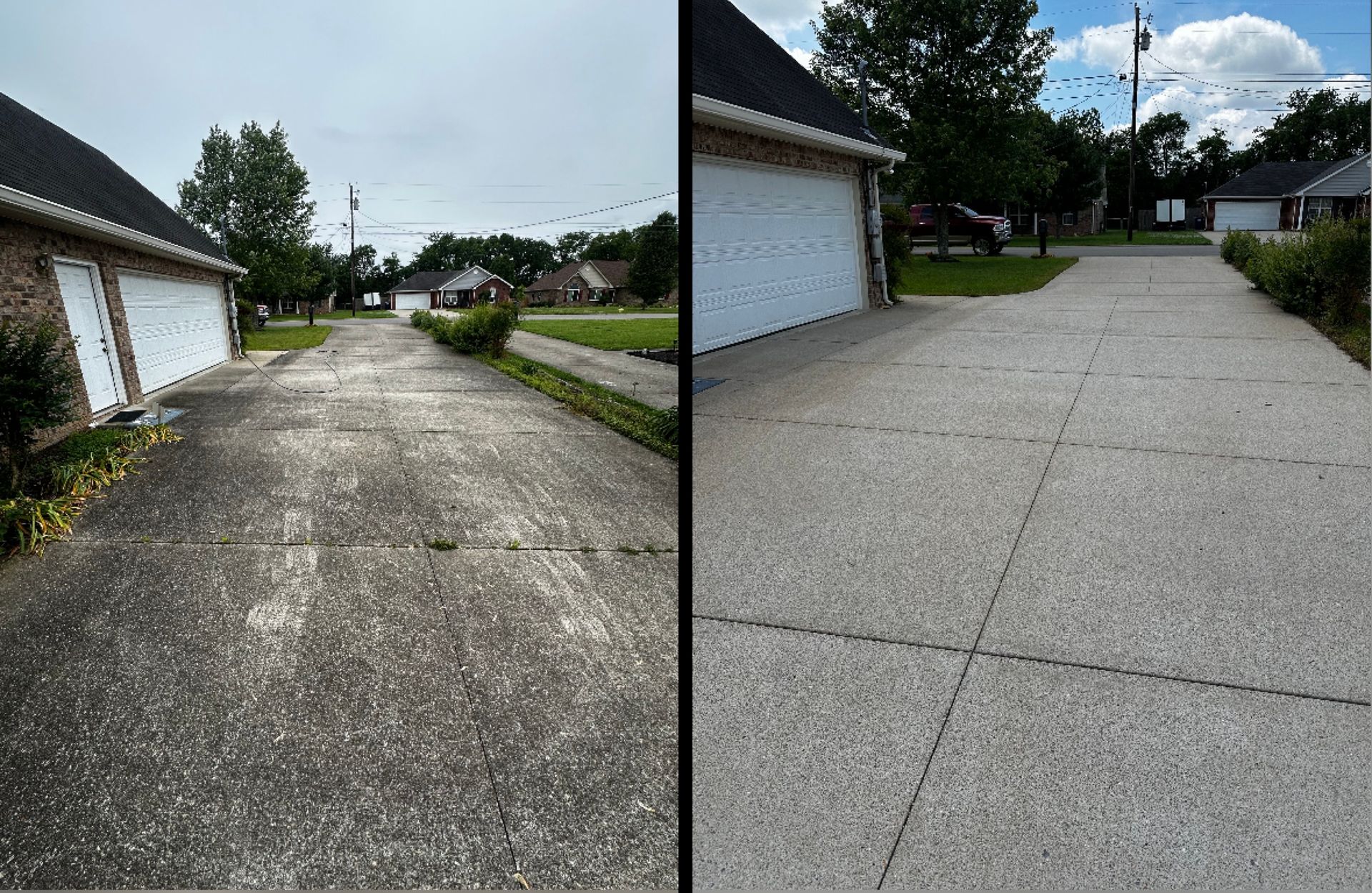Driveway before and after power washing; showing the contrast of the dirty, discolored surface to the clean, bright concrete.