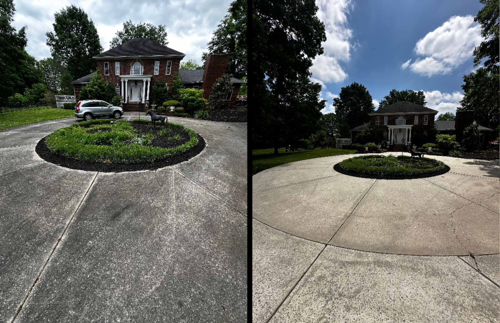Two views of a brick house with a circular driveway and garden on a sunny day.