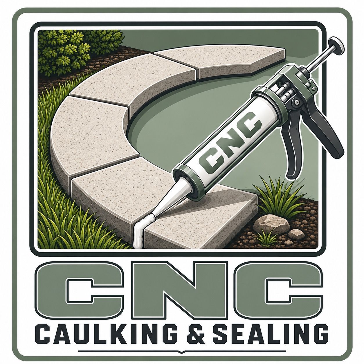 Logo for CNC Caulking & Sealing. Features a square with a stylized gray and white curve. Text is gray.