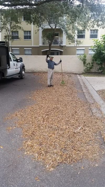 Person raking leaves on a paved area near a light-colored building. A white truck is parked nearby.