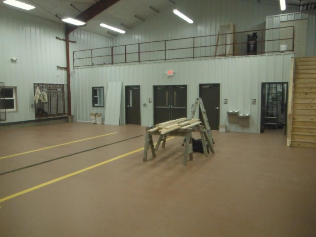 A large empty room with a ladder on the floor