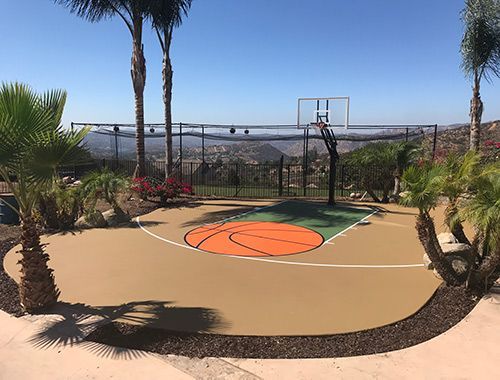 A basketball court in a backyard with palm trees in the background.