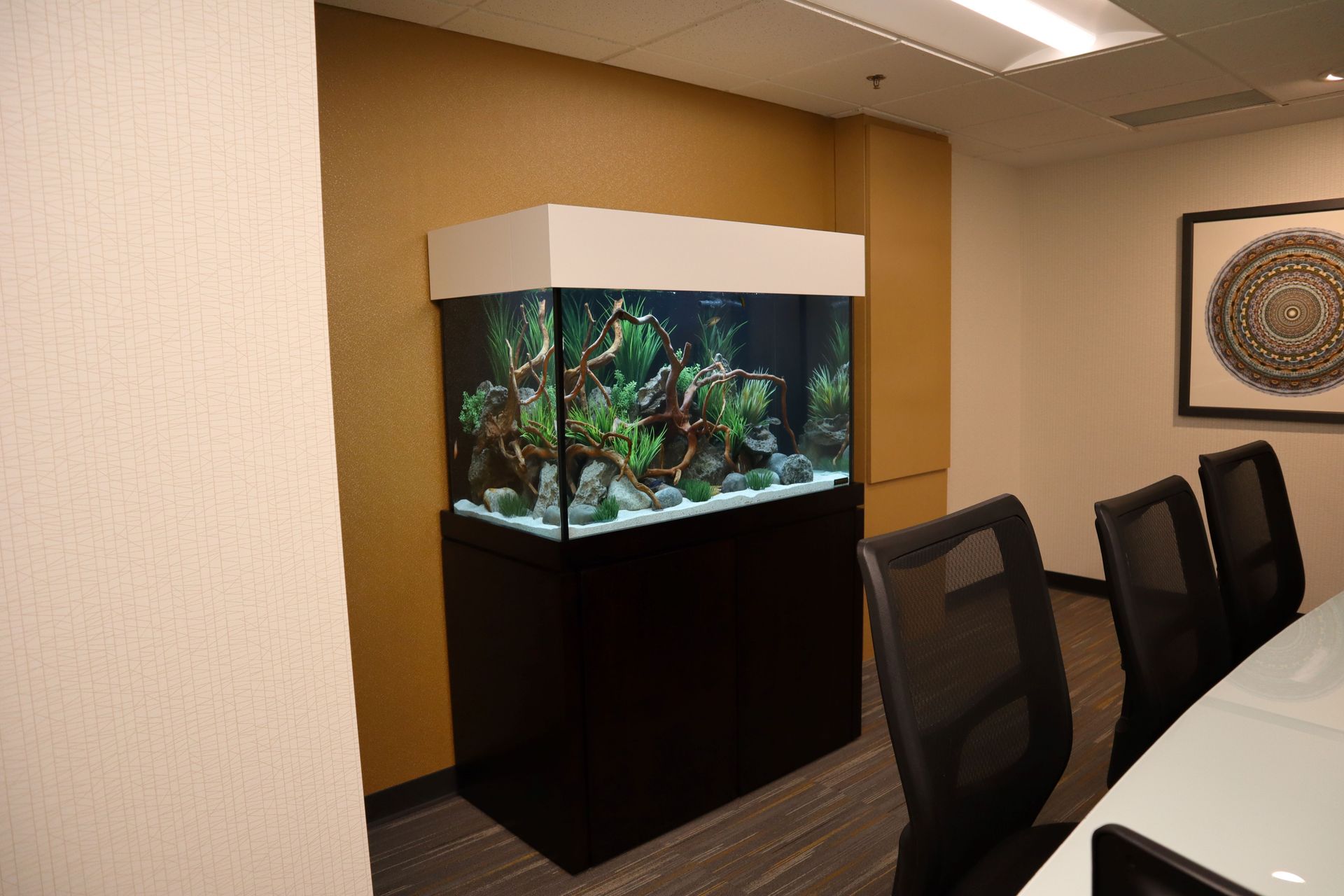 A large aquarium is in a conference room next to a table and chairs.