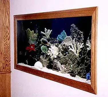 A picture of an aquarium in a wooden frame on a wall