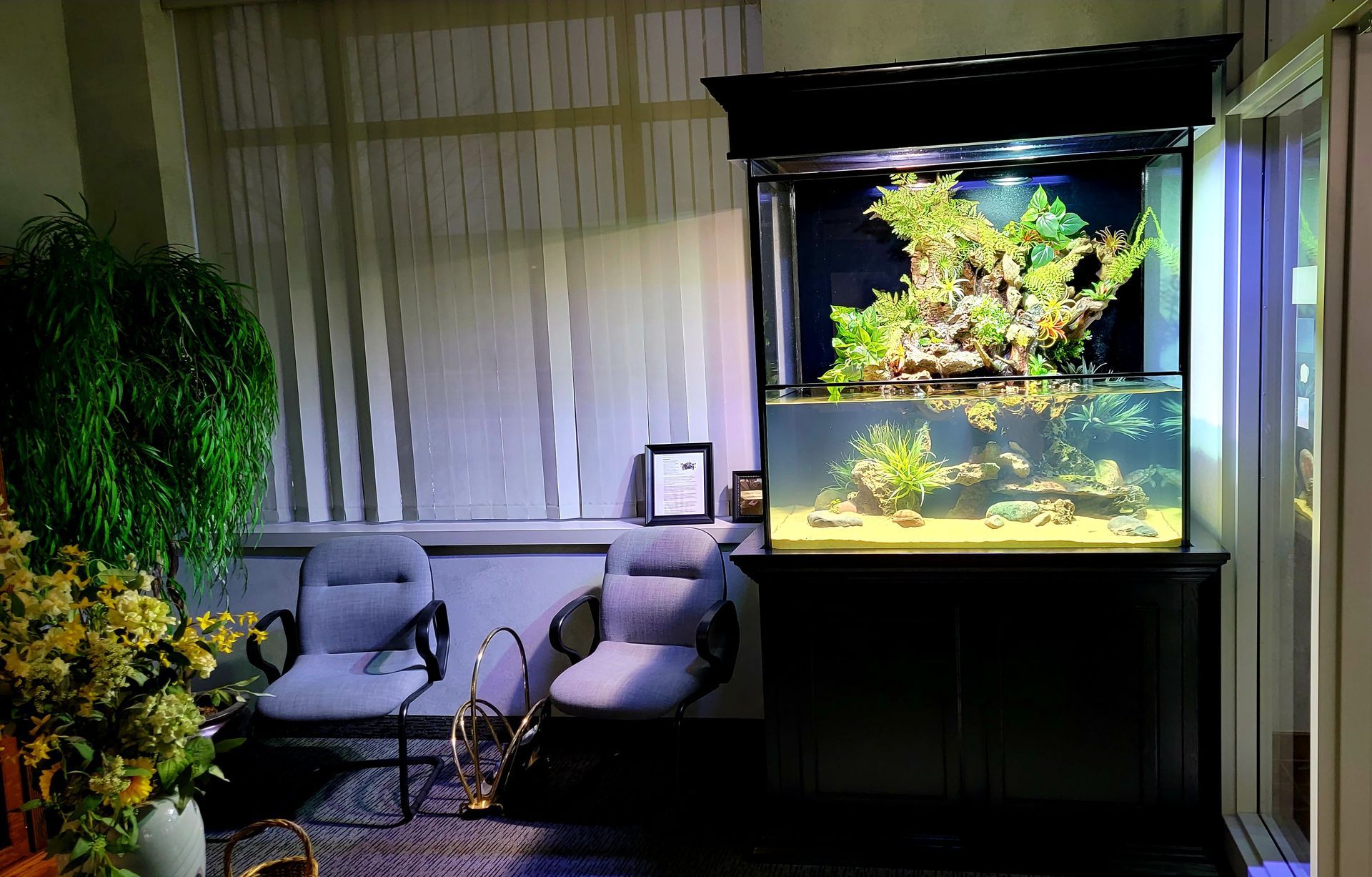 A living room with a large aquarium and a couch.