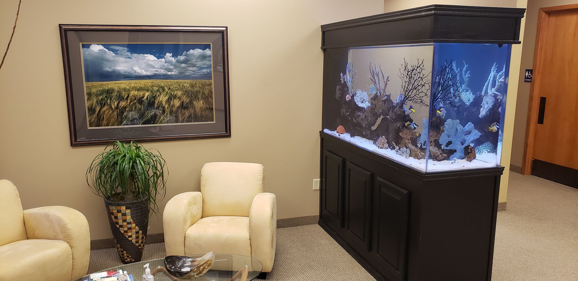 There is a large aquarium in the middle of the room.