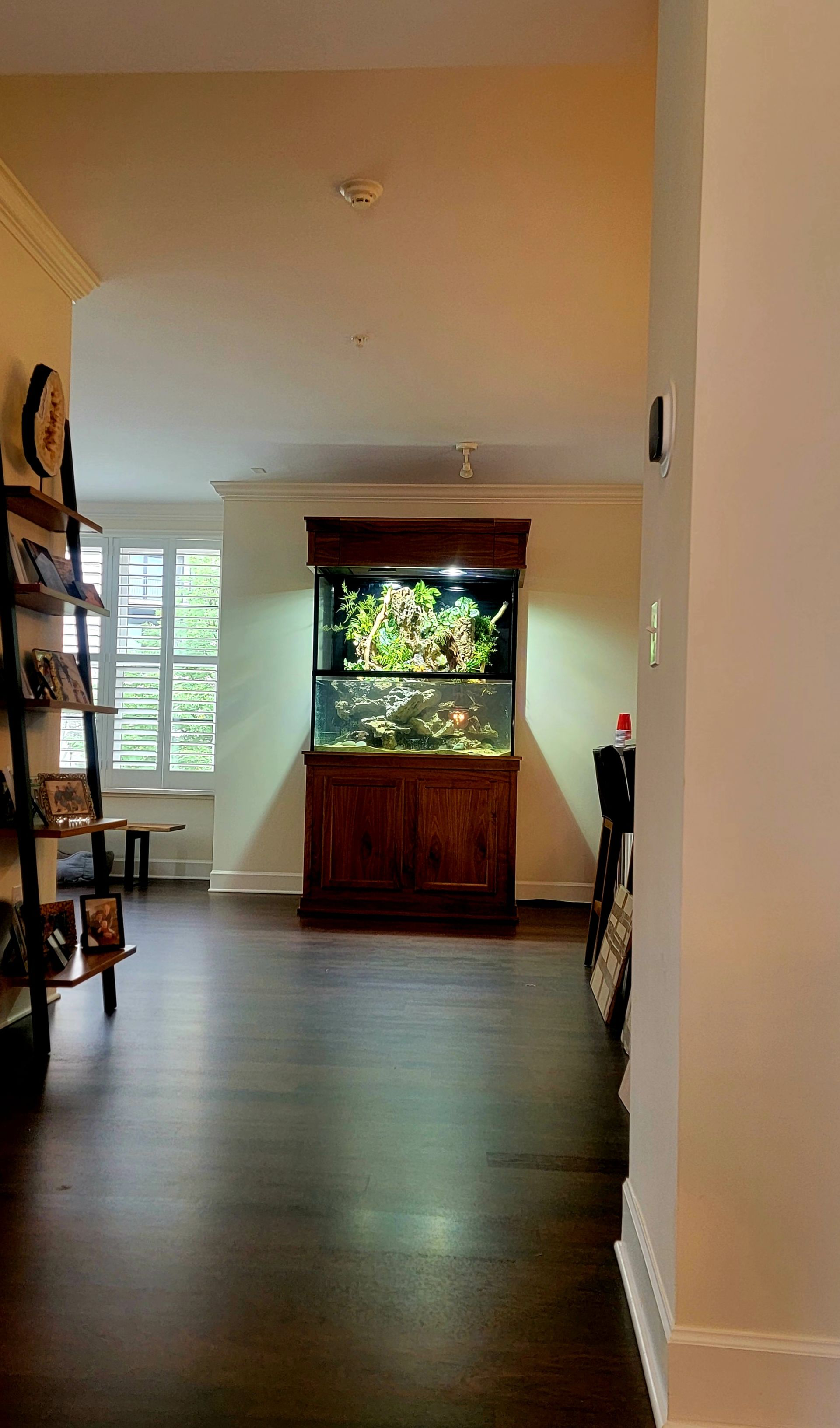 There is a large aquarium in the middle of the room.