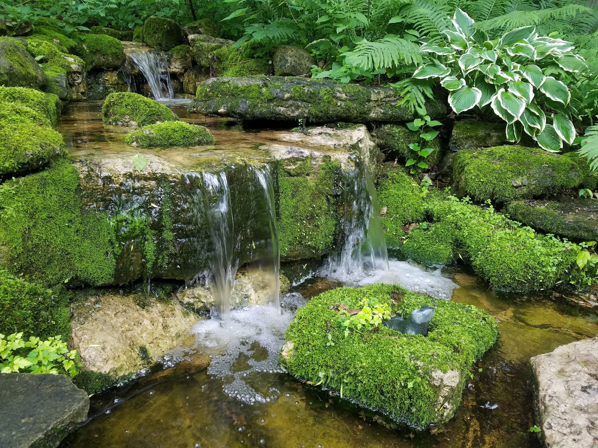 A small waterfall surrounded by moss covered rocks in a garden.