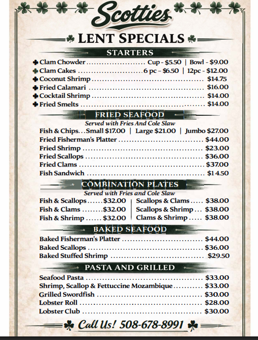 A menu from Scottie's restaurant, with Lent specials. Dishes include seafood and pasta.