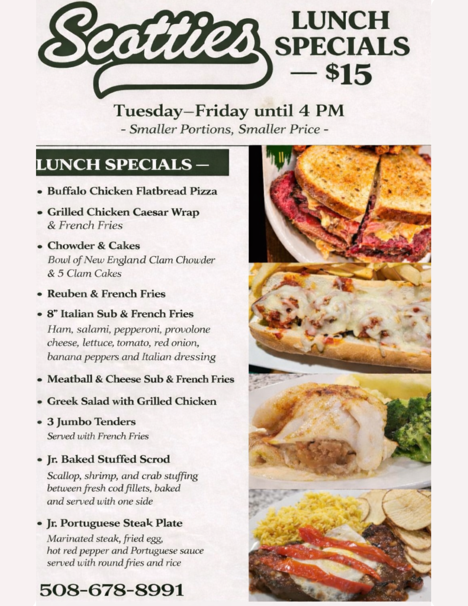 Scotties lunch menu featuring various meal options, prices, and phone number, alongside photos of prepared dishes.