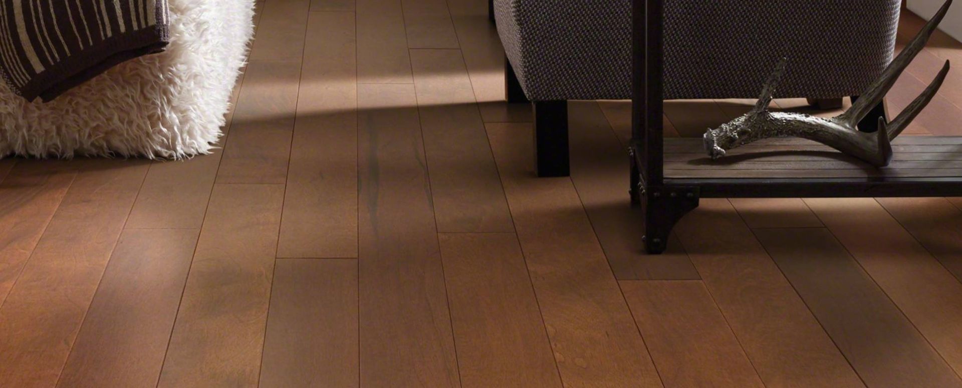 Wooden floor with a dark chair leg and a small tray beside a fuzzy rug in a room corner