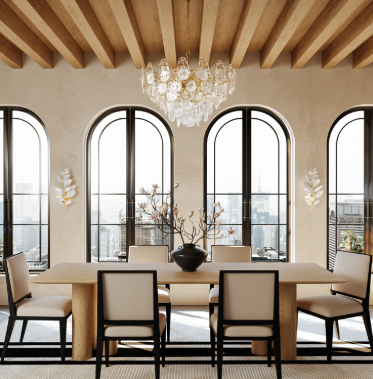 Bright dining room with large windows, modern chairs, and a view of apartment buildings outside