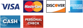 Visa, MasterCard, Discover, AMEX, Cash and Personal Check