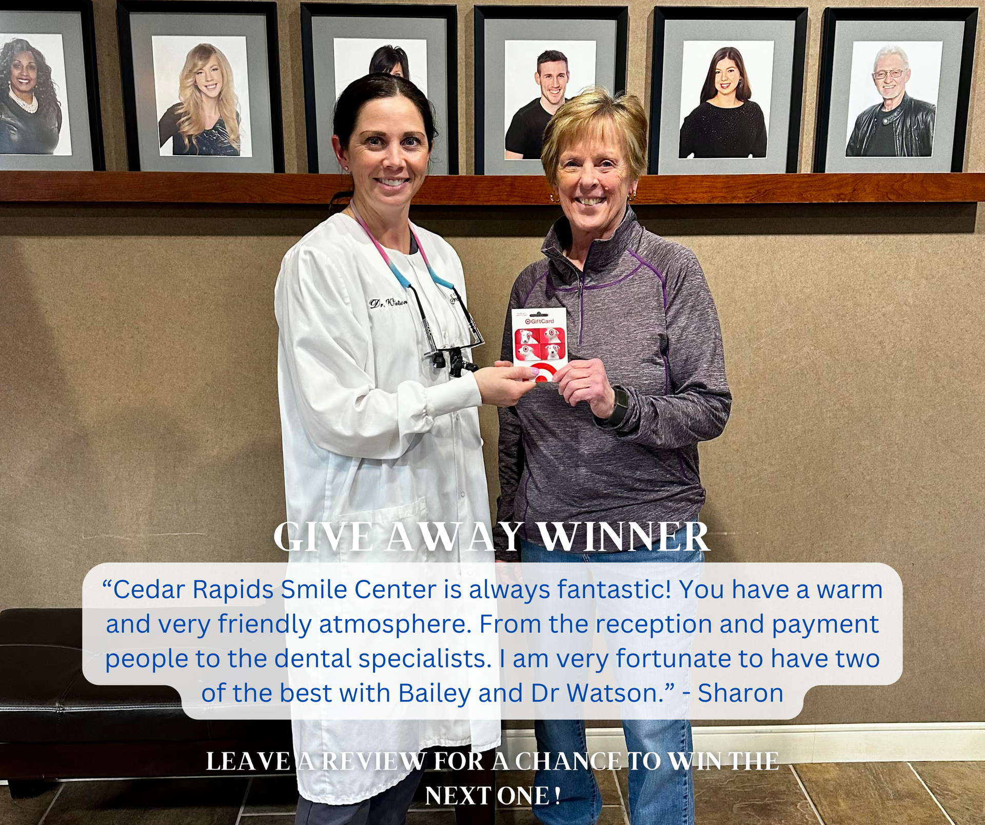 A dental professional hands a prize card to a patient at Cedar Rapids Smile Center, with a testimonial about the clinic.
