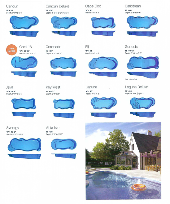 Pool shapes catalog with various designs in blue, and a house with a pool in a sunny setting.