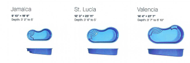 Three pool designs: Jamaica, St. Lucia, and Valencia. Each shown with dimensions and depth.