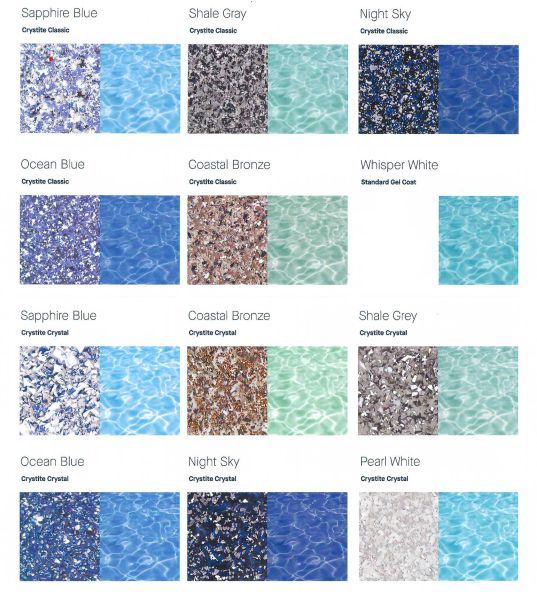 Pool tile color swatches: Sapphire Blue, Ocean Blue, Night Sky, Whisper White, and more. Each shows tile and water color.