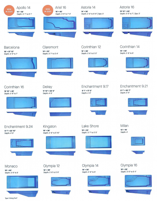 Diagram of various in-ground swimming pool shapes and sizes, with blue water.